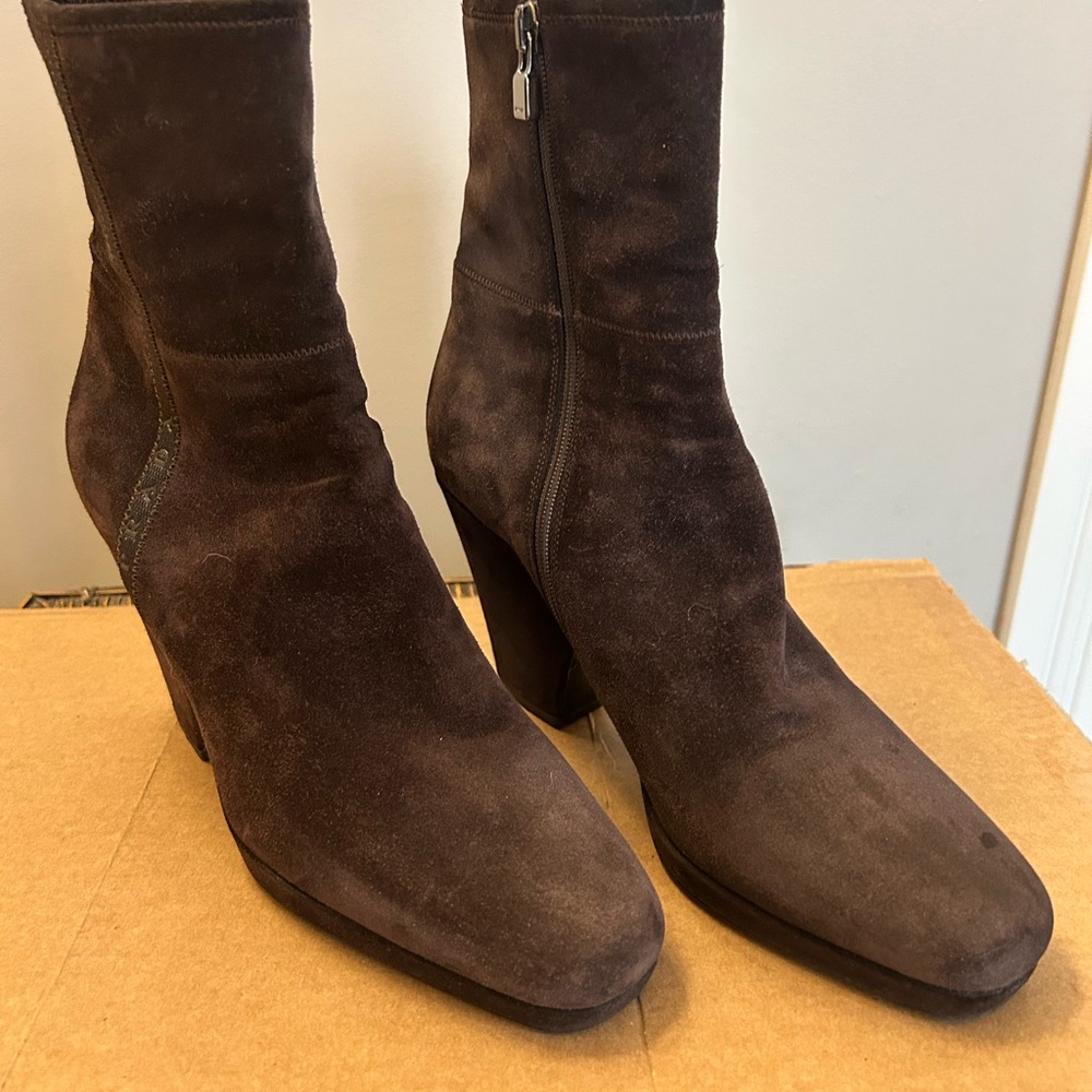 Prada Chocolate Suede Heeled Boots